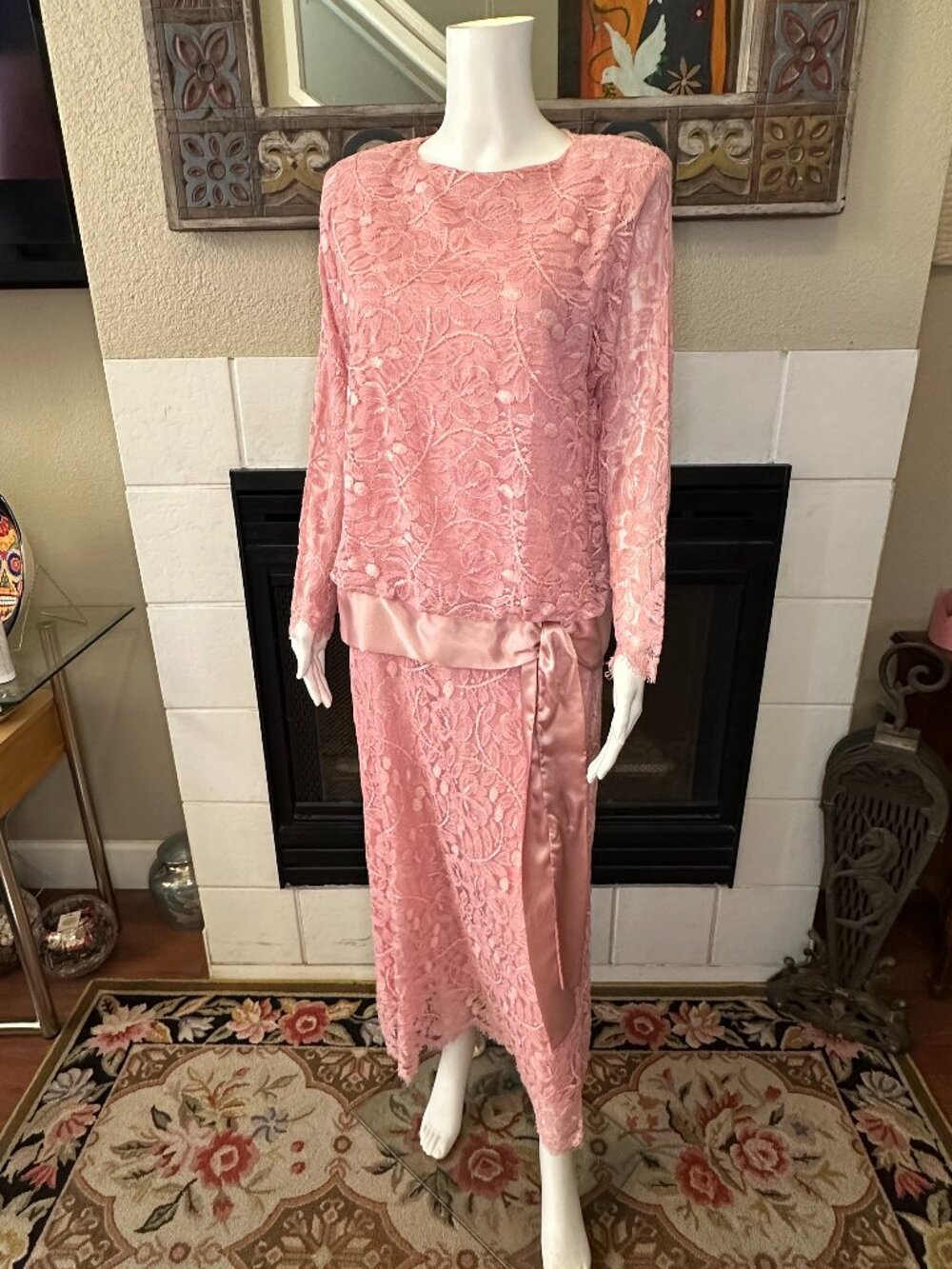 Vtg Jovani New York Rome 80s does 20s Pink Lace Party Dress Drop Waist Size 10